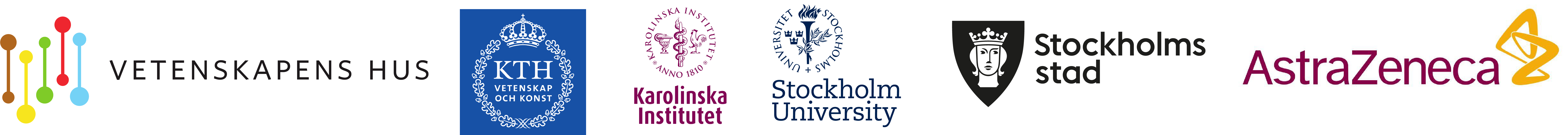 Logotyper för Vetenskapens Hus, KTH, Karolinska Institutet, Stockholms universitet, Stockholm stad, AstraZeneca
