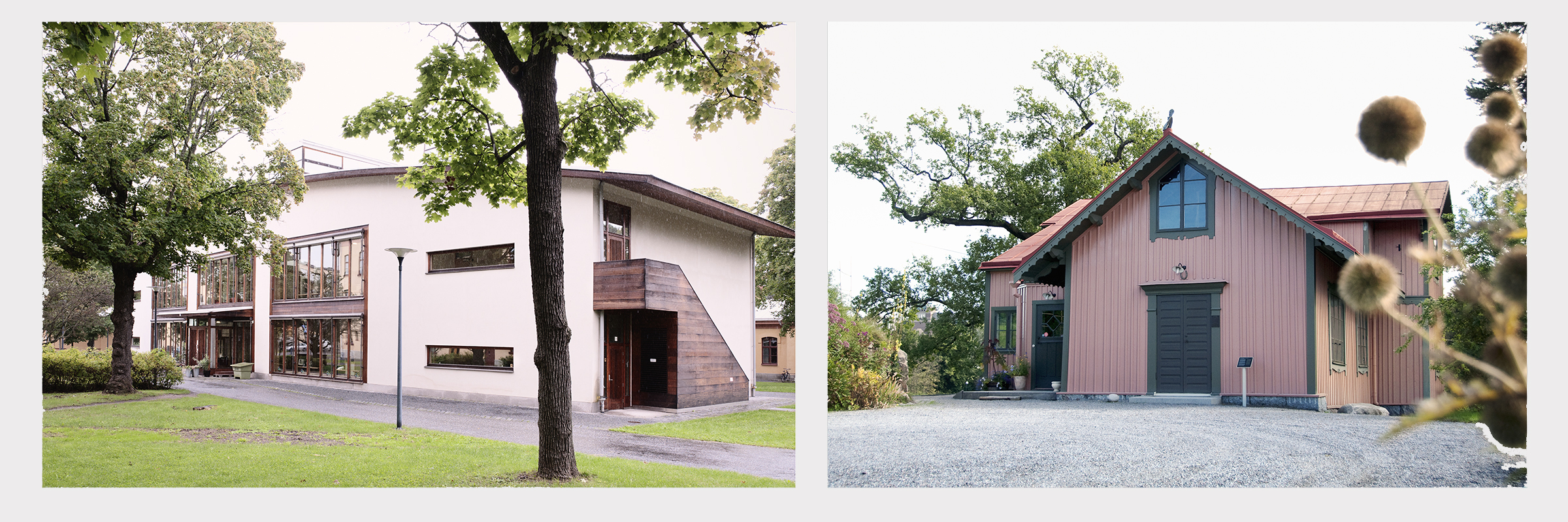 Huset vid AlbaNova, en vit modern byggnad, samt huset i Bergianska trädgården, en rosa villa från 1800-talet.